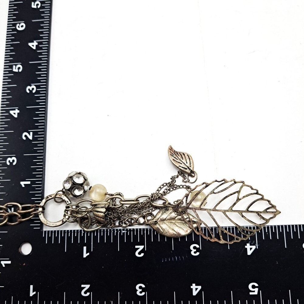 VTG Leaf Charm Y Necklace 28" Silver Tone Rhinestone Accent Fashion 80s Jewelry - Picture 4 of 6